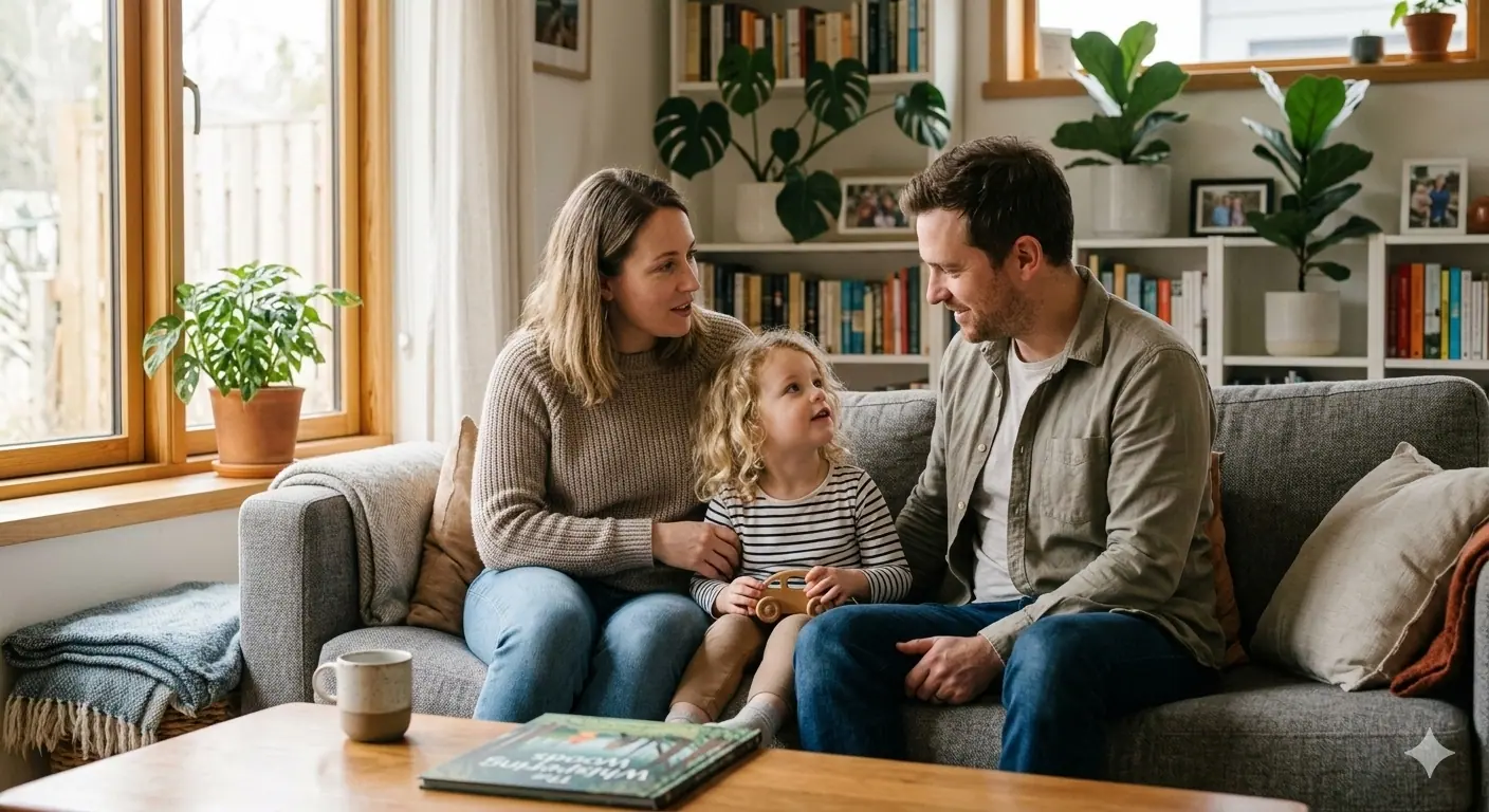 Padres dialogando con su hijo en un ambiente de apoyo emocional