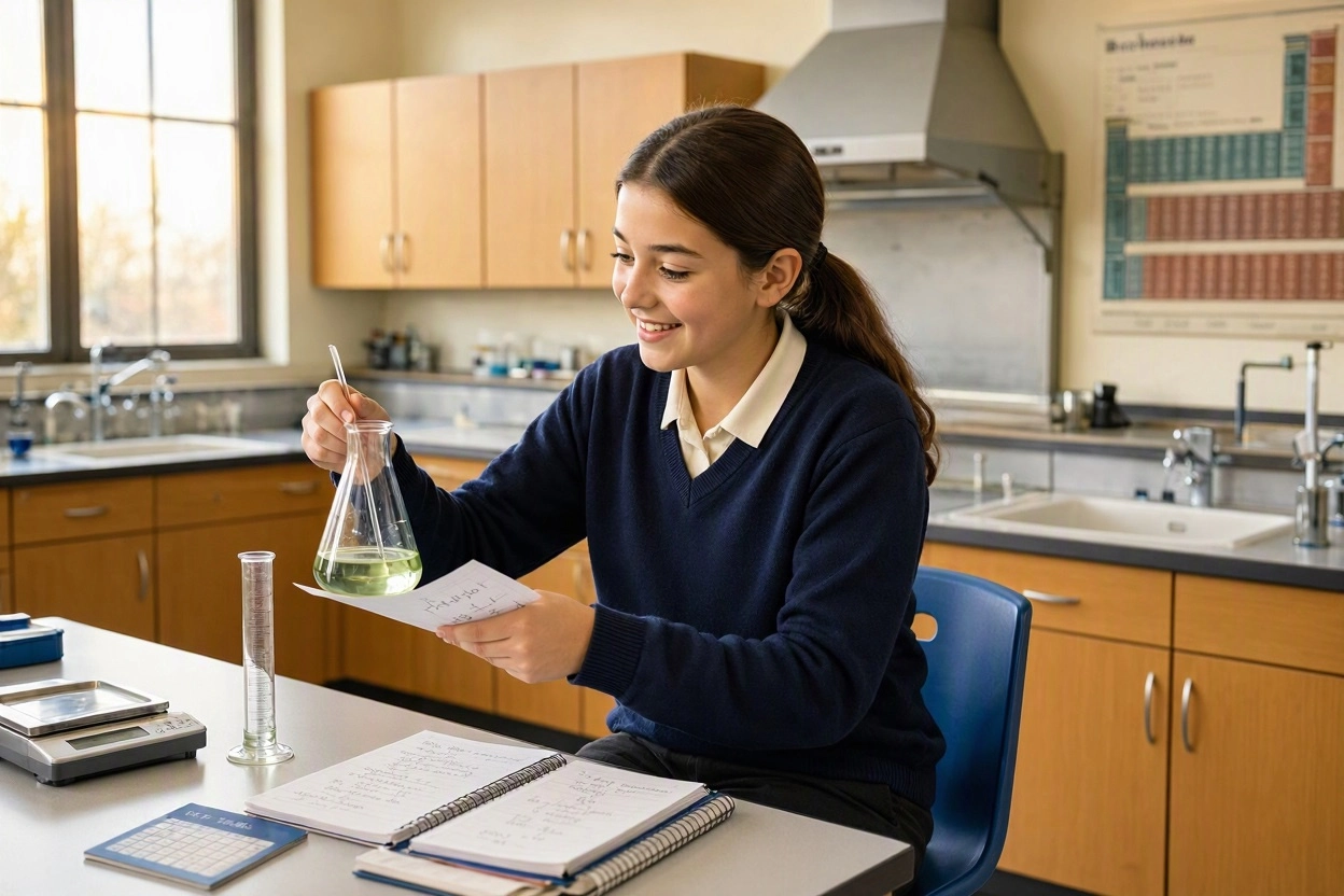 Estudiante de secundaria y bachillerato comprendiendo química con entusiasmo